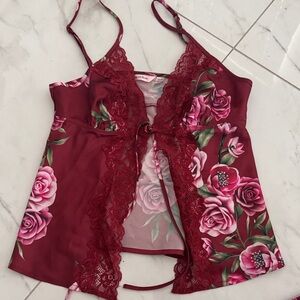 La Vie En Rose Burgundy Floral Lace Chemise with Pink Roses